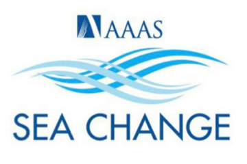 Logo: AAAS SEA CHANGE with blue waves on a white background